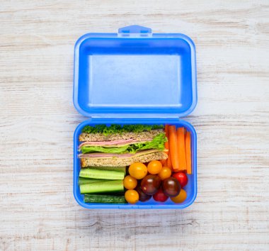Blue Lunch Box with Vegetables and Sandwich clipart