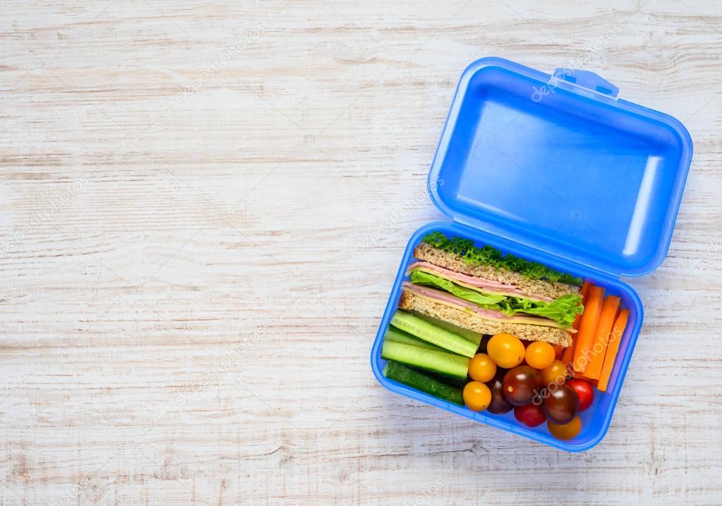 Copy Space of Blue Lunch Box with Food