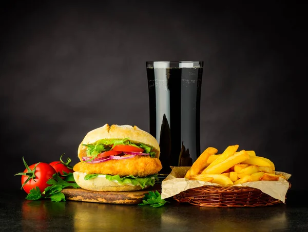 Chickenburger with Cola and French Fries Royalty Free Stock Photos