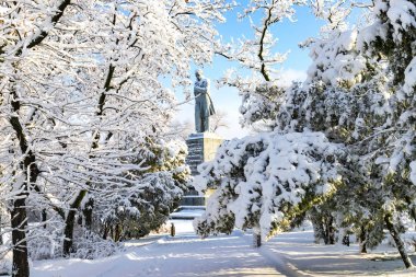 Kar ve Dnipro City (Dnepropetrovsk, Dnepr, Dnepropetrovsk), Ukrayna hoarfrost kaplı bir pitoresk kış manzara manastır Adası