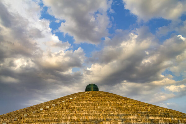 Storm clouds hung over the stone masson pyramid on the Embankment  in the center of the Dnepr city .Dnepropetrovsk, Dnipropetrovsk, Dnipro, Ukraine, Europe