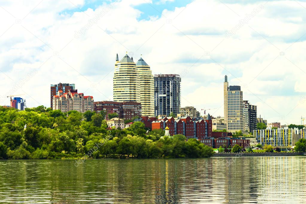 View of the Dnieper River, Monastery Island, buildings and skyscrapers of Dnipro city (Dnepropetrovsk, Dnipropetrovsk, Dnepr), Ukraine