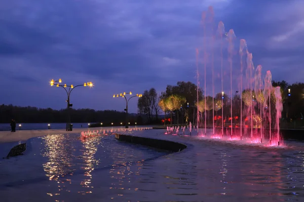 Красивый Бассейн Ландшафтном Парке Фонтаном Ночью Фоне Живописных Облаков Творческий — стоковое фото