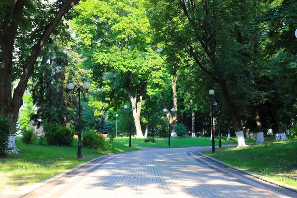 Passerella grigia nel parco primaverile del mattino con lanterne d'epoca. Mariinsky Park vicino al Parlamento dell'Ucraina, Verkhovna Rada, città Kiev — Foto Stock