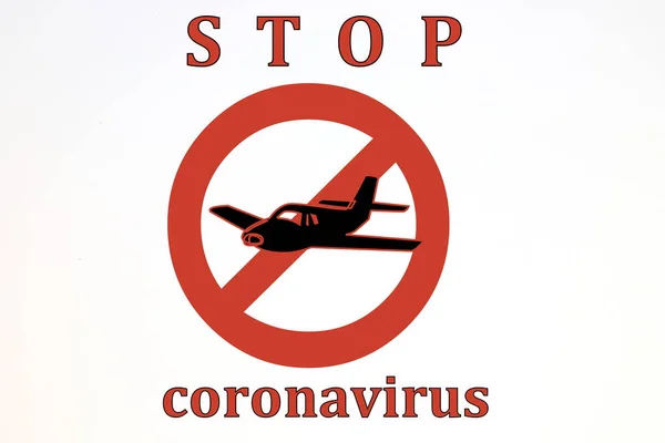 Uçak Ikonuyla Izole Kırmızı Yasaklama Işareti Coronavirus Yazıtlı Uçak Yasağı — Stok fotoğraf