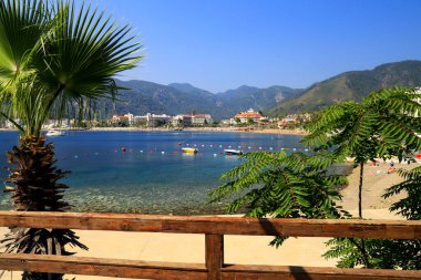 Ege Denizi kıyılarındaki güzel tatil köyünde tropik yaz manzarası, palmiye ağaçları ve egzotik bitkiler, temiz su, Türkiye, Marmaris