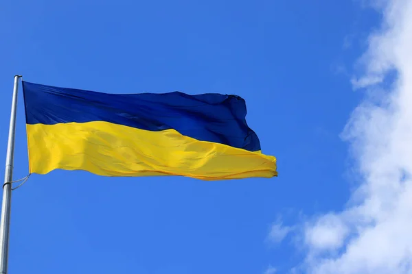 Large National Flag Ukraine Flies Sky Big Yellow Blue Ukrainian — Stock Photo, Image