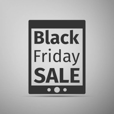 Tablet Pc ekran düz simgesinin üzerine gri arka plan üzerinde siyah Cuma satış metin ile. Vektör çizim