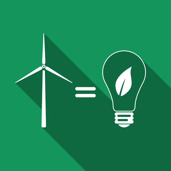 Větrná turbína a žárovka s listy jako pojmu ekologický zdroj energie ploché ikony s dlouhý stín. Vektorové ilustrace — Stockový vektor
