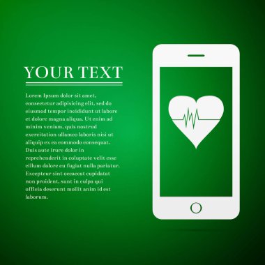 Smartphone ile kalp hızı monitörü işlevi düz simgesi yeşil zemin üzerine. Vektör çizim