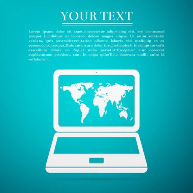 Dizüstü dünya harita düz üstünde kutsal kişilerin resmi mavi arka plan ile. Vektör çizim