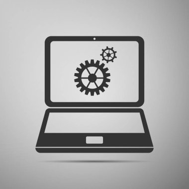 Dizüstü bilgisayar ve vites düz simgesi gri arka plan üzerinde. Vektör çizim