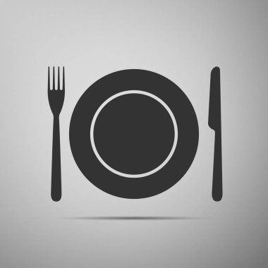 Tabak, çatal ve bıçak düz üstünde kutsal kişilerin resmi gri arka plan. Vektör çizim