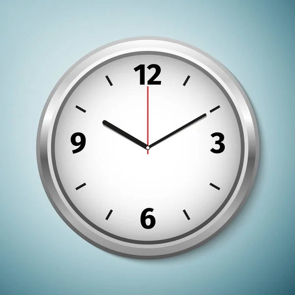 Realista clásico de plata y blanco redondo icono de reloj de pared aislado sobre fondo azul. Ilustración vectorial — Vector de stock