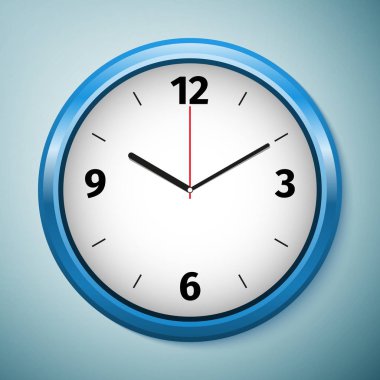 Gerçekçi klasik mavi yuvarlak duvar Saat simgesi üzerinde mavi arka plan izole. Vektör çizim