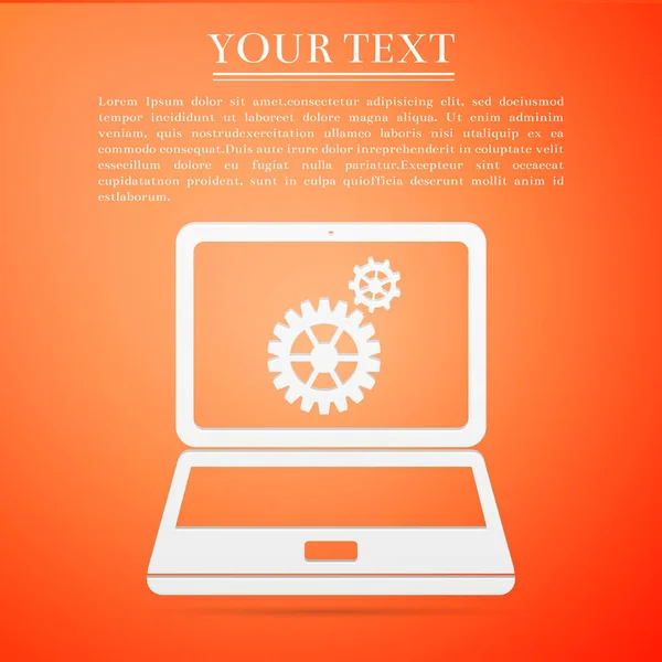 Laptop e engrenagens ícone plano no fundo laranja. Ilustração vetorial — Vetor de Stock