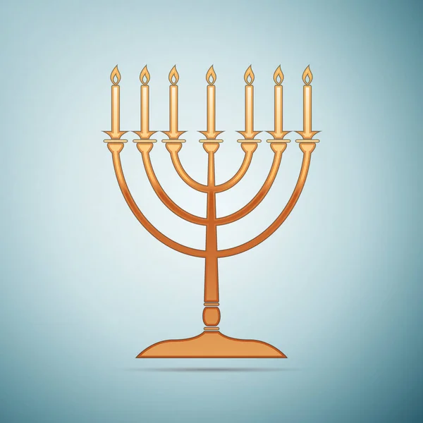 Icono de oro de Hanukkah menorah sobre fondo azul. Ilustración vectorial — Vector de stock