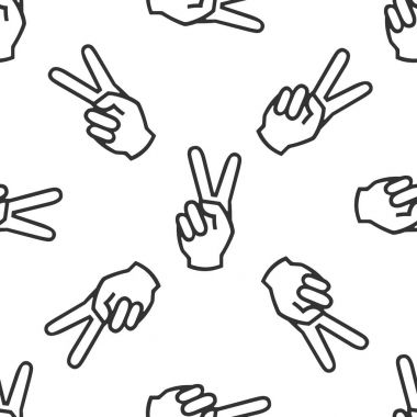 Zafer el işareti simgesi. El gösteren iki parmak simgesi Dikişsiz desen beyaz arka plan üzerinde. Vektör çizim