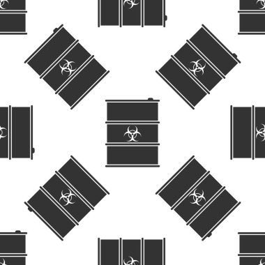 Biyolojik tehlike veya biohazard varil simgesi Dikişsiz desen beyaz arka plan üzerinde. Toksik çöp fıçı. Radyoaktif çöp emisyonları, çevre kirliliği, ekolojik felaket tehlikesi.