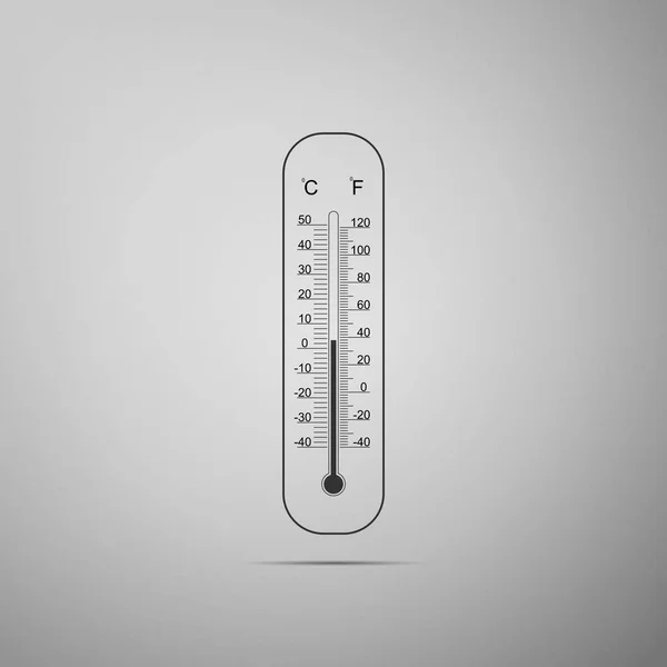 Celsius- und Fahrenheit-Meteorologie-Thermometer, die Hitze und Kälte flach auf grauem Hintergrund messen. Thermometerausrüstung, die heißes oder kaltes Wetter zeigt. Vektorillustration — Stockvektor