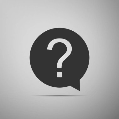 Soru işareti gri arka plan üzerinde izole daire simgesi. Tehlike uyarı sembolü. Düz tasarım. Vektör çizim