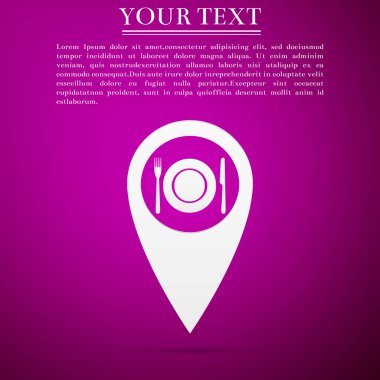 Harita göstergesi ile restoran simgesi simgesi pembe arka plan izole. Düz tasarım. Vektör çizim