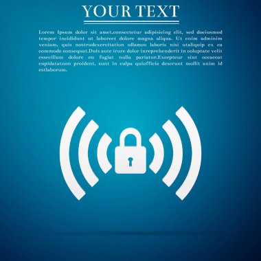 WiFi üzerinde mavi arka plan izole işareti simgesi kilitli. Şifre kablosuz simgesi. Kablosuz ağ simgesini. WiFi alanına. Düz tasarım. Vektör çizim