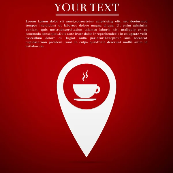 İşaretçi izole kırmızı zemin üzerine sıcak kahve Kupası simgeyle eşleyin. Düz tasarım. Vektör çizim