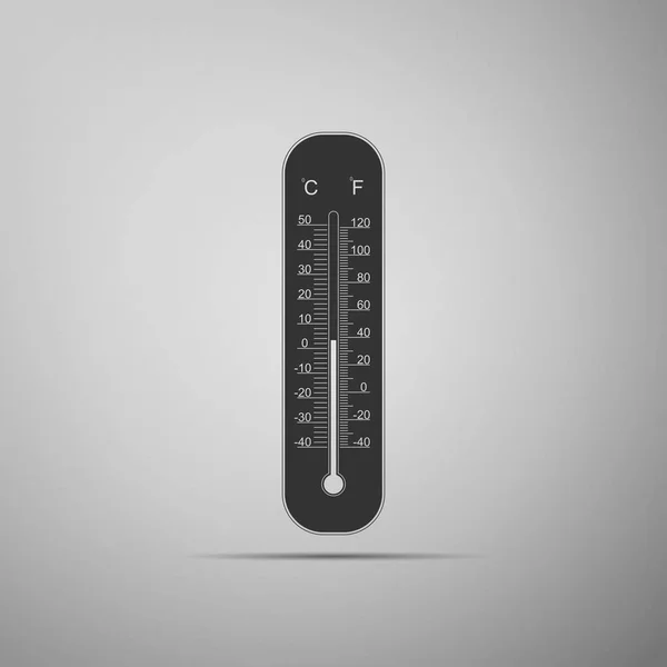 Celsius- und Fahrenheit-Meteorologie-Thermometer, die Hitze und Kälte messen, isoliert auf grauem Hintergrund. Thermometerausrüstung, die heißes oder kaltes Wetter zeigt. flache Bauweise. Vektorillustration — Stockvektor