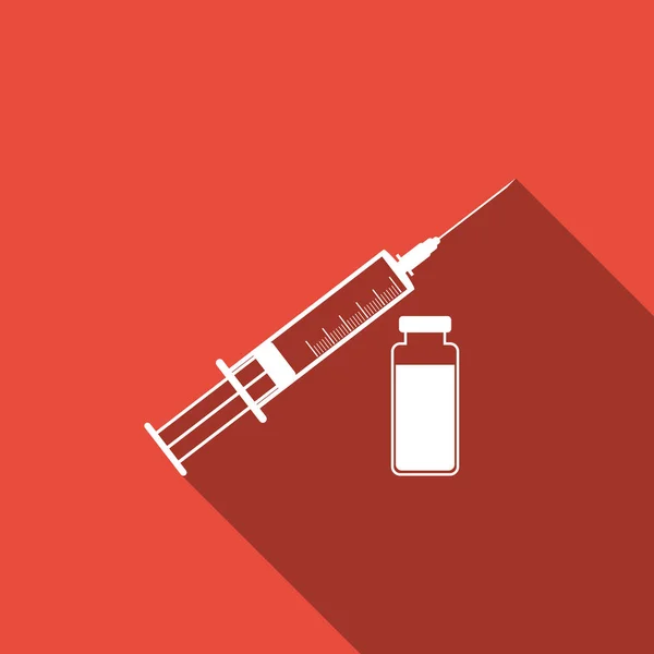 注射針とバイアル、予防接種注射アイコンの長い影の分離の概念。フラットなデザイン。ベクトル図 — ストックベクタ