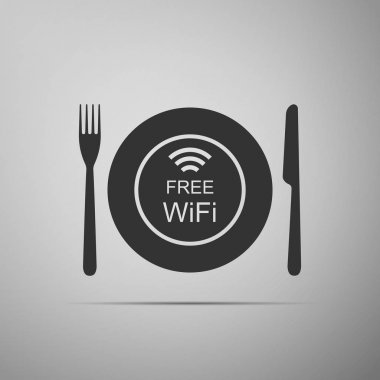 Restoran ücretsiz Wi-Fi bölgesi. Tabak, çatal ve bıçak simgesi gri arka plan üzerinde izole. Düz tasarım. Vektör çizim