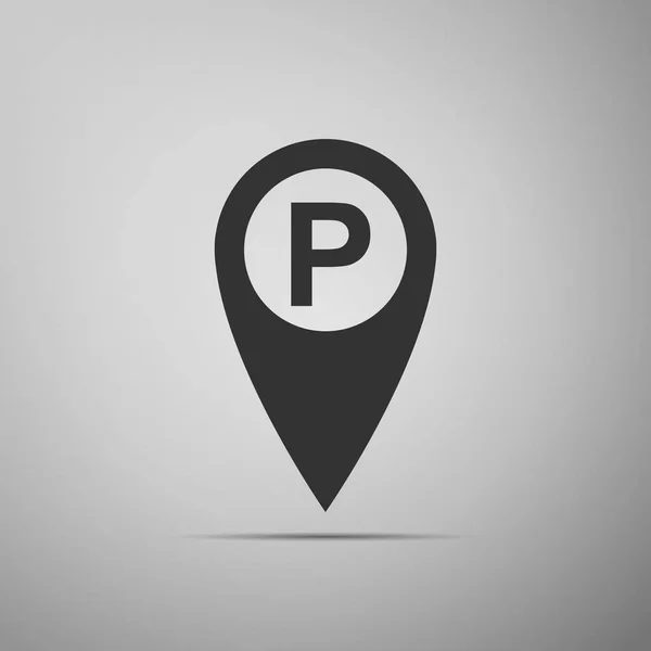 Puntero de mapa con el icono de la señal de aparcamiento aislado sobre fondo gris. Diseño plano. Ilustración vectorial — Vector de stock