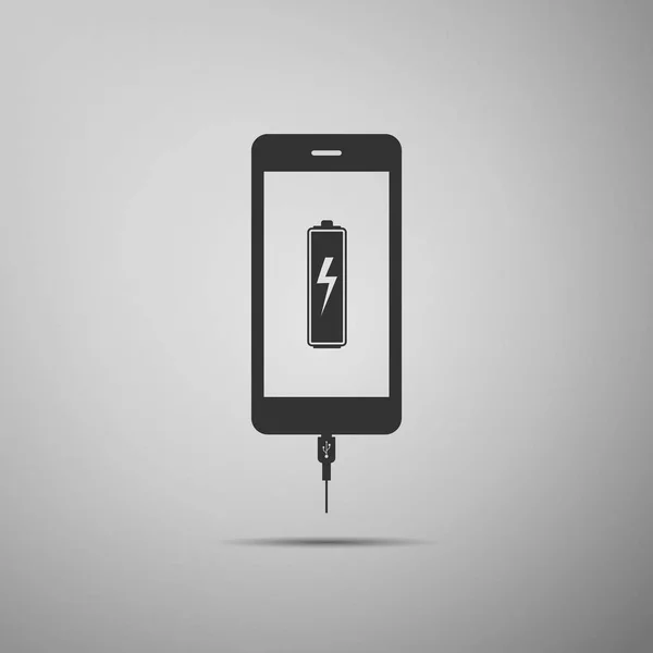 Smartphone accu gratis pictogram geïsoleerd op een grijze achtergrond. Telefoon met een lage batterij en met USB-aansluiting. Platte ontwerp. Vectorillustratie — Stockvector