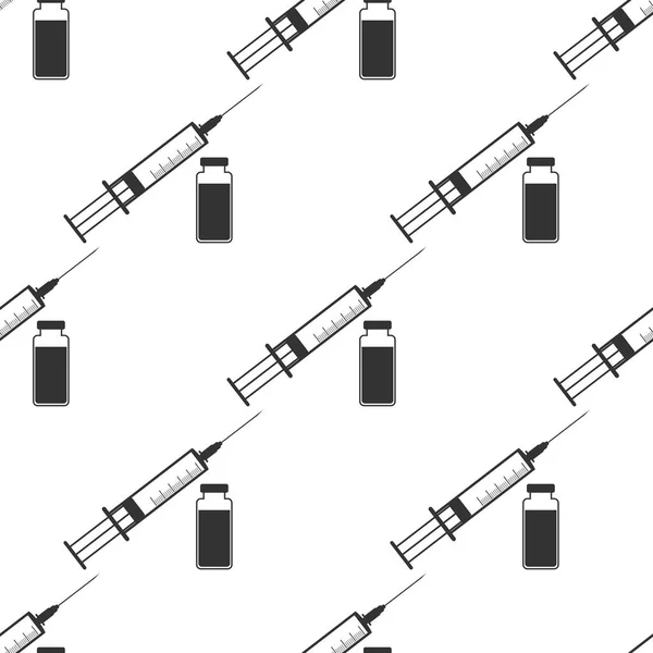 Seringa médica com agulha e frasco para injetáveis, conceito de vacinação, ícone de injeção sem costura sobre fundo branco. Design plano. Ilustração vetorial — Vetor de Stock