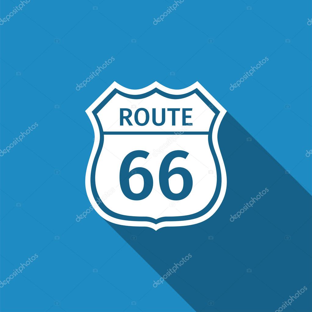 Route sixty six road sign. American road icon isolated with long shadow. Flat design. Vector Illustration