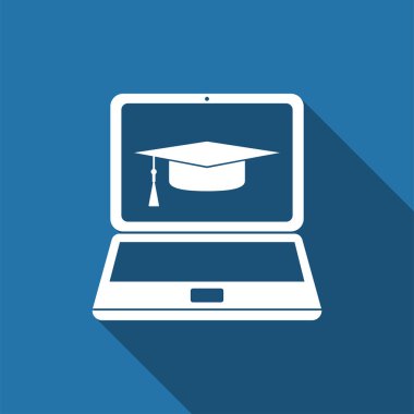 Mezuniyet kep ve dizüstü bilgisayar simgesi. Çevrimiçi öğrenme ya da e-öğrenme kavramı simge ile uzun gölge izole. Düz tasarım. Vektör çizim