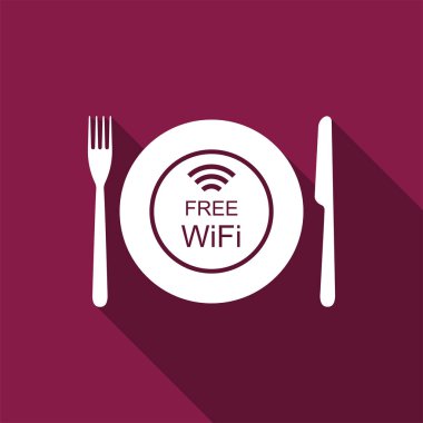 Restoran ücretsiz Wi-Fi bölgesi. Tabak, çatal ve bıçak simgesi ile uzun gölge izole. Düz tasarım. Vektör çizim