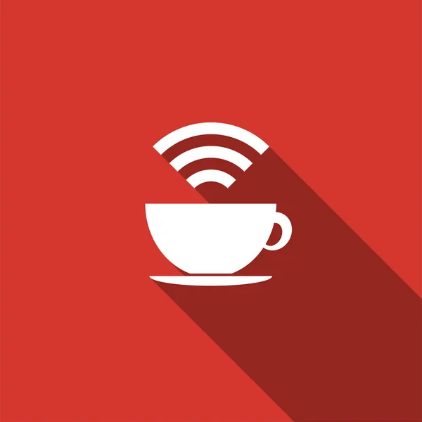 Copa de cafetería con señal de zona wifi gratuita. Icono de placa de conexión a Internet aislado con sombra larga. Diseño plano. Ilustración vectorial — Vector de stock