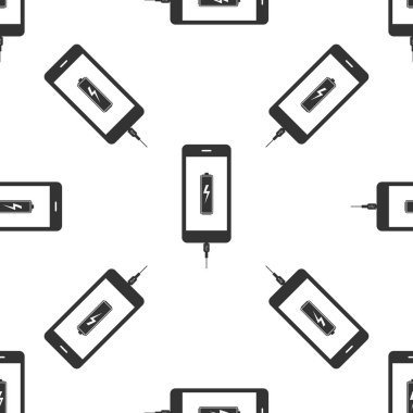 Akıllı telefon şarj simgesi Dikişsiz desen beyaz arka plan üzerinde. Bir düşük pil şarj ile ve Usb bağlantısı ile telefon. Düz tasarım. Vektör çizim