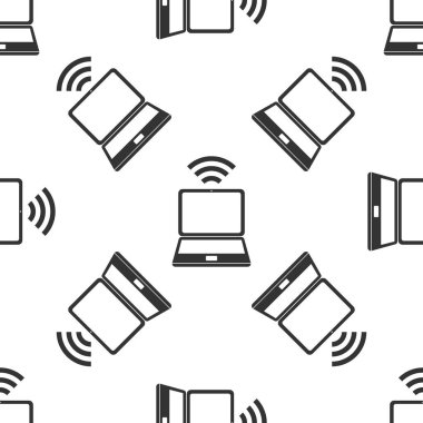 Dizüstü bilgisayar ve kablosuz simgesi. Kablosuz teknoloji, Wi-Fi bağlantısı, kablosuz ağ, hotspot kavramları simgesi Dikişsiz desen beyaz arka plan üzerinde. Düz tasarım. Vektör çizim