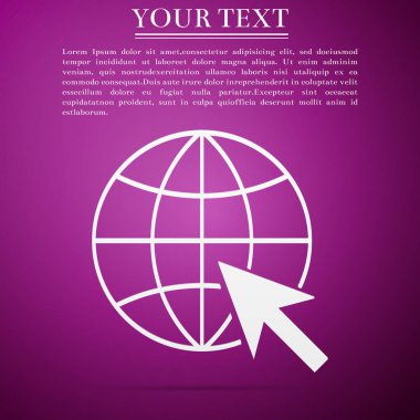 Mor arka plan üzerinde izole gitmek için Web simgesi. Küre ve imleç. Web sitesi piktogram. World wide web simgesi. Web sitesi tasarımı, logo, app, UI Internet simgesi. Düz tasarım. Vektör çizim