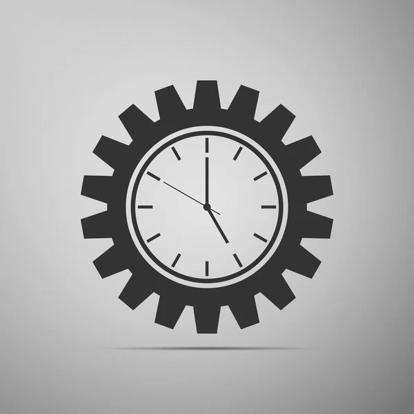 Icona dell'ingranaggio dell'orologio isolato su sfondo grigio. Design piatto. Illustrazione vettoriale — Vettoriale Stock
