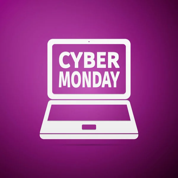 Laptop with Cyber Monday Sale text on screen flat icon over purple background. Vector Illustration