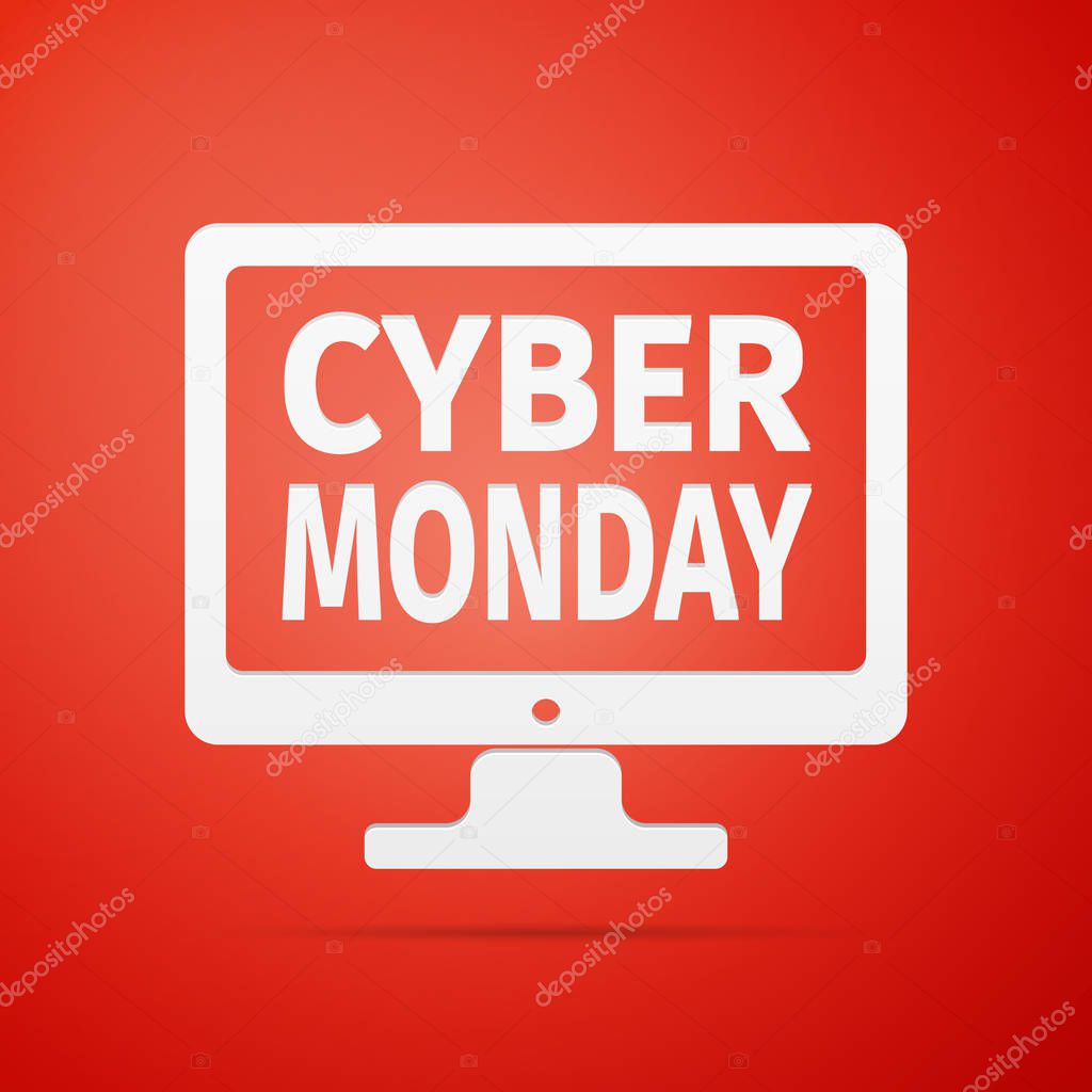 Monitor with Cyber Monday on screen flat icon over red background. Vector Illustration