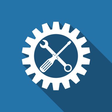 Hizmet aracı simgesi. Bakım sembolü - tornavida, somun anahtarı ve dişli simgesini ile uzun gölge izole. Ayarı simgesi. Düz tasarım. Vektör çizim