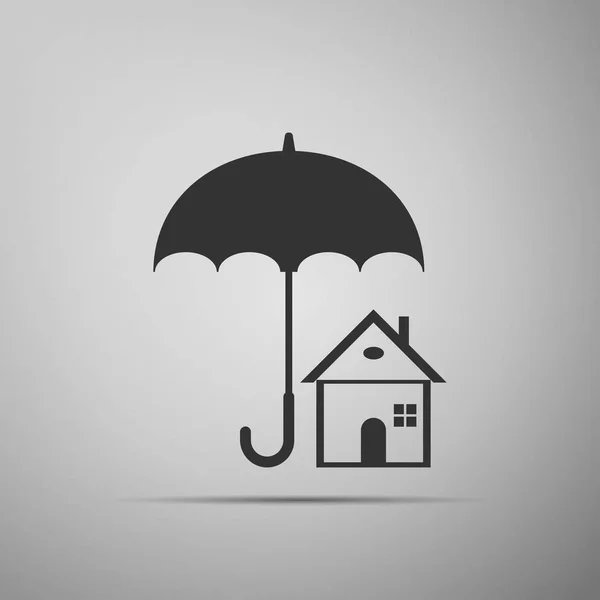 Dom z parasolem ikona na białym tle na szarym tle. Symbol ubezpieczenie nieruchomości. Symbol nieruchomości. Płaska konstrukcja. Ilustracja wektorowa — Wektor stockowy