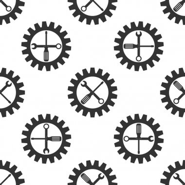 Hizmet aracı simgesi. Bakım sembolü - tornavida, somun anahtarı ve dişli simgesini Dikişsiz desen beyaz arka plan üzerinde. Ayarı simgesi. Düz tasarım. Vektör çizim