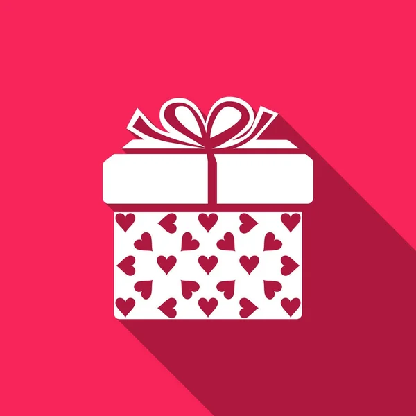 Gift box and heart icon isolated with long shadow. Packaging Valentine's Day. Beautiful festive box tied with ribbon and bow on top. Flat design. Vector Illustration — Stock Vector