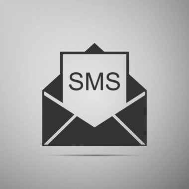 Alınan iletiyi kavramı. Yeni, e-posta gelen ileti, sms. Posta teslim hizmeti. Zarf üzerinde gri arka plan izole sms simgesi olan. Düz tasarım. Vektör çizim