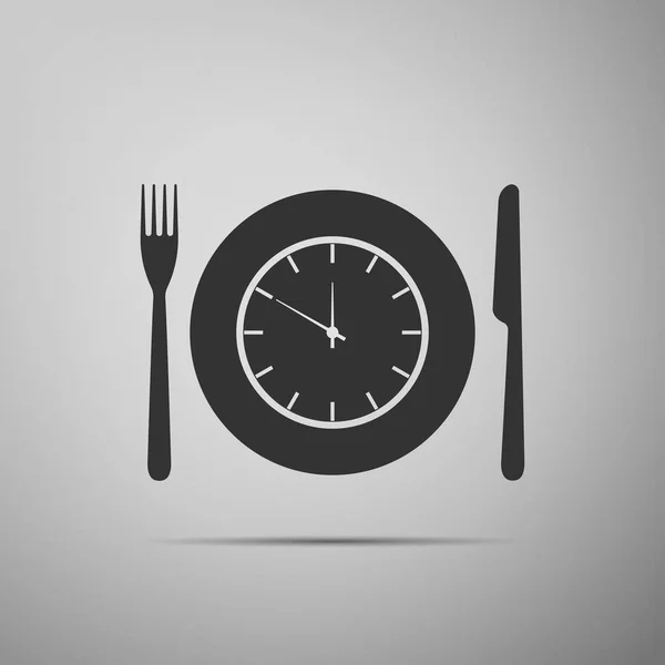 Platte mit Uhr, Gabel und Messer-Symbol isoliert auf grauem Hintergrund. Mittagszeit. Ernährung, Essenszeit und Ernährungskonzept. flache Bauweise. Vektorillustration — Stockvektor